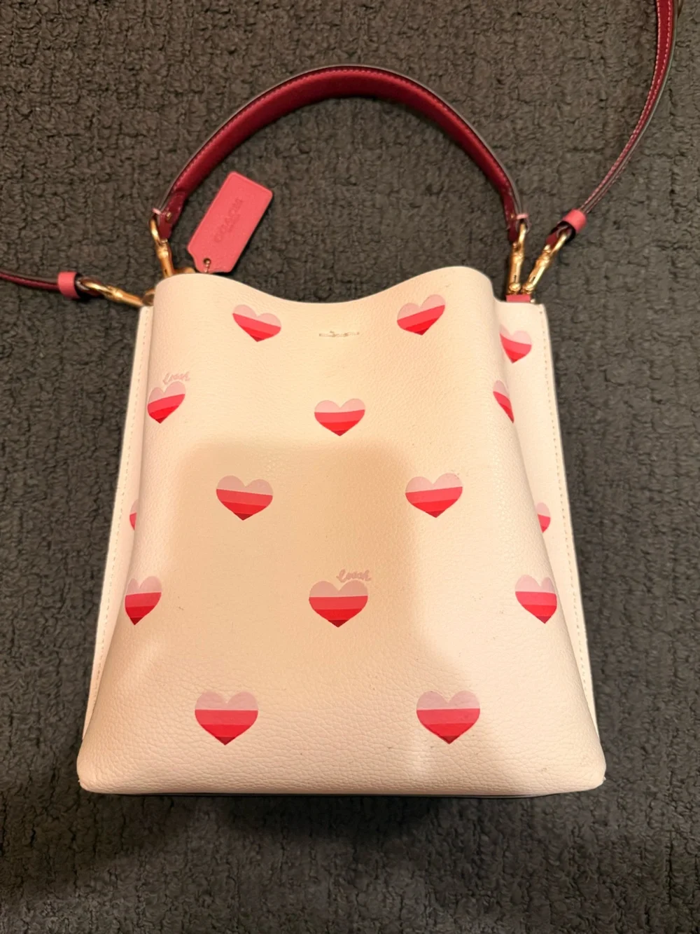 Coach Pink Heart Print Crossbody Bag with Red Trim